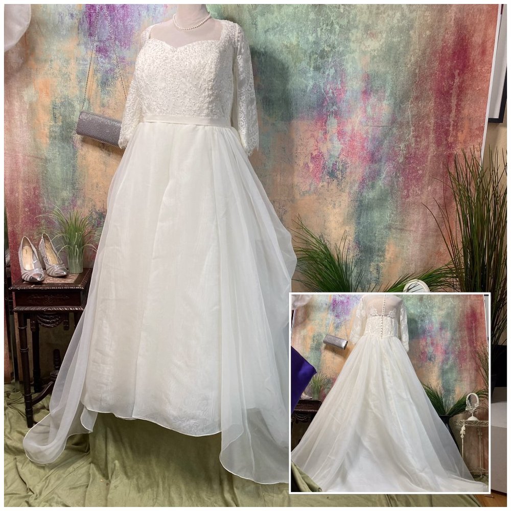 Oleg Cassini Elegant White Lace A-Line Wedding Dress with 3/4 Sleeves 22W